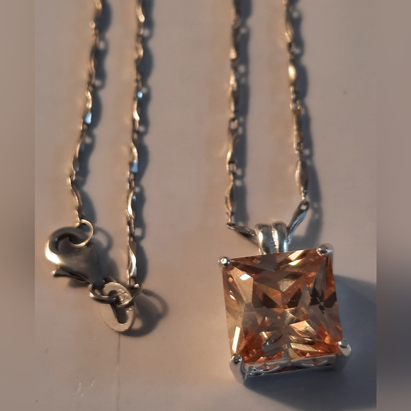 Jewelry - Elegant925 Sterling Silver Necklace with Square Amber Pendant